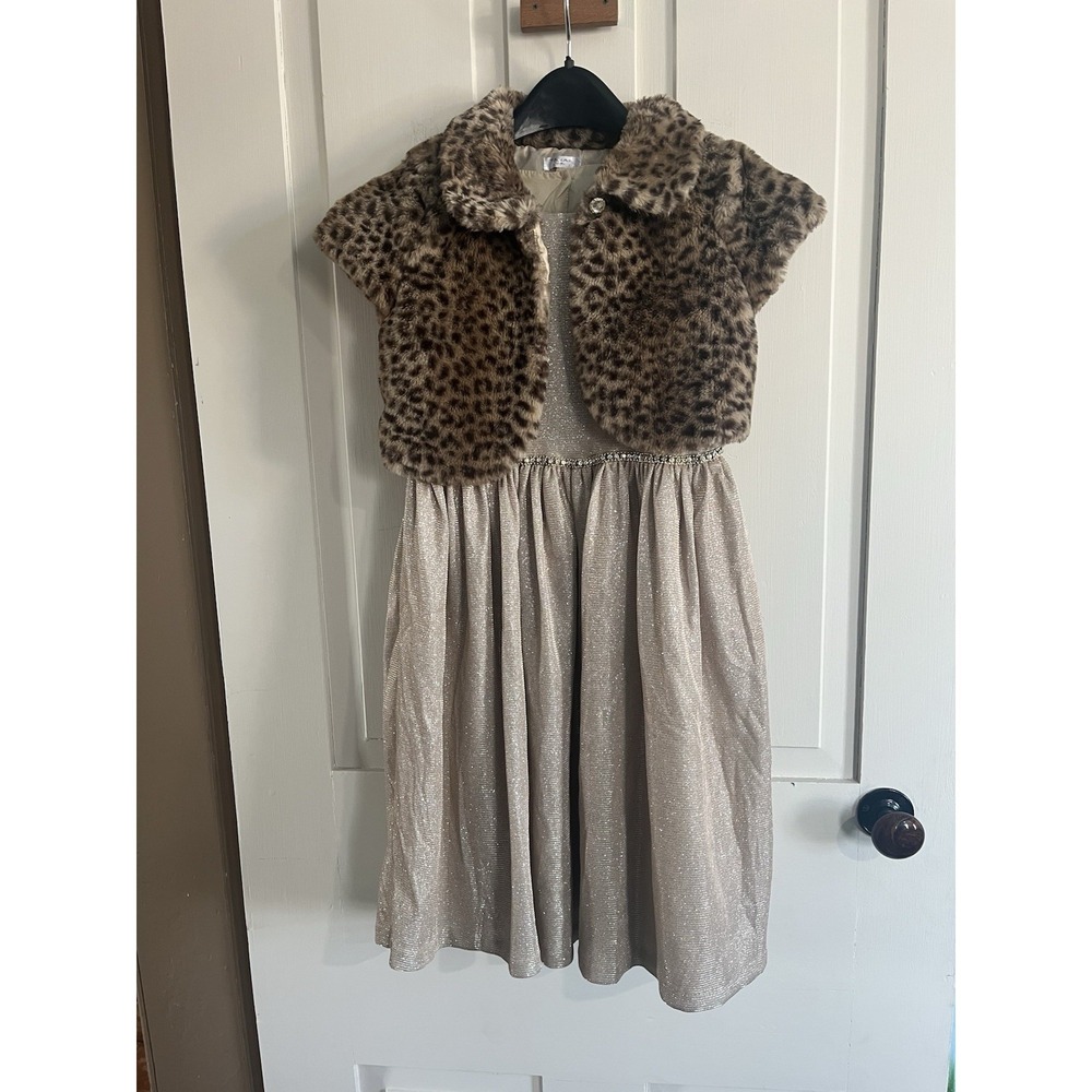Tahari Girls Size 8 Formal Dress Gold Sparkle with Cheetah Shrug Glam Dance